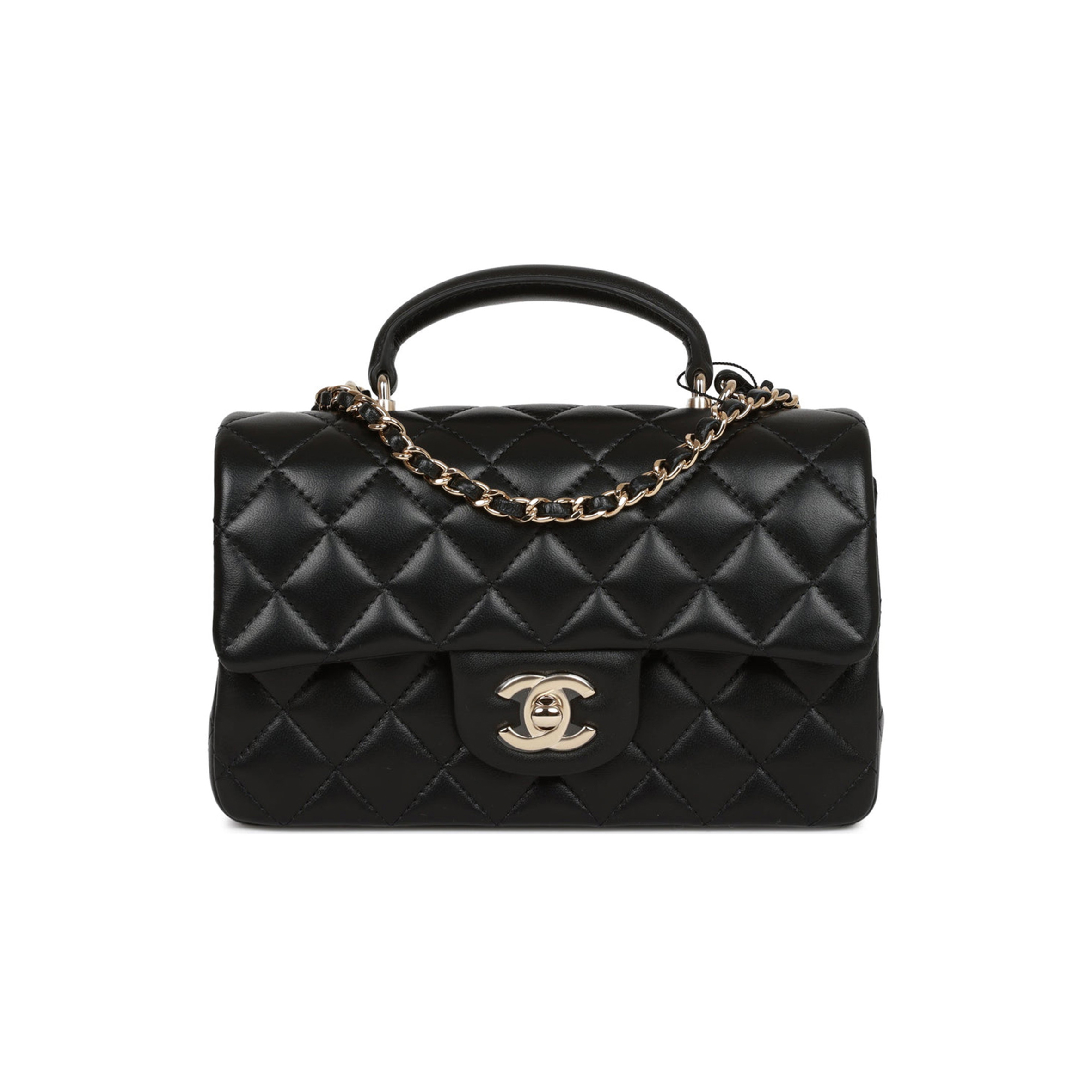 Ch*el mini rectangular flap bag with top handle black lambskin light gold hardware (22*15*8cm)